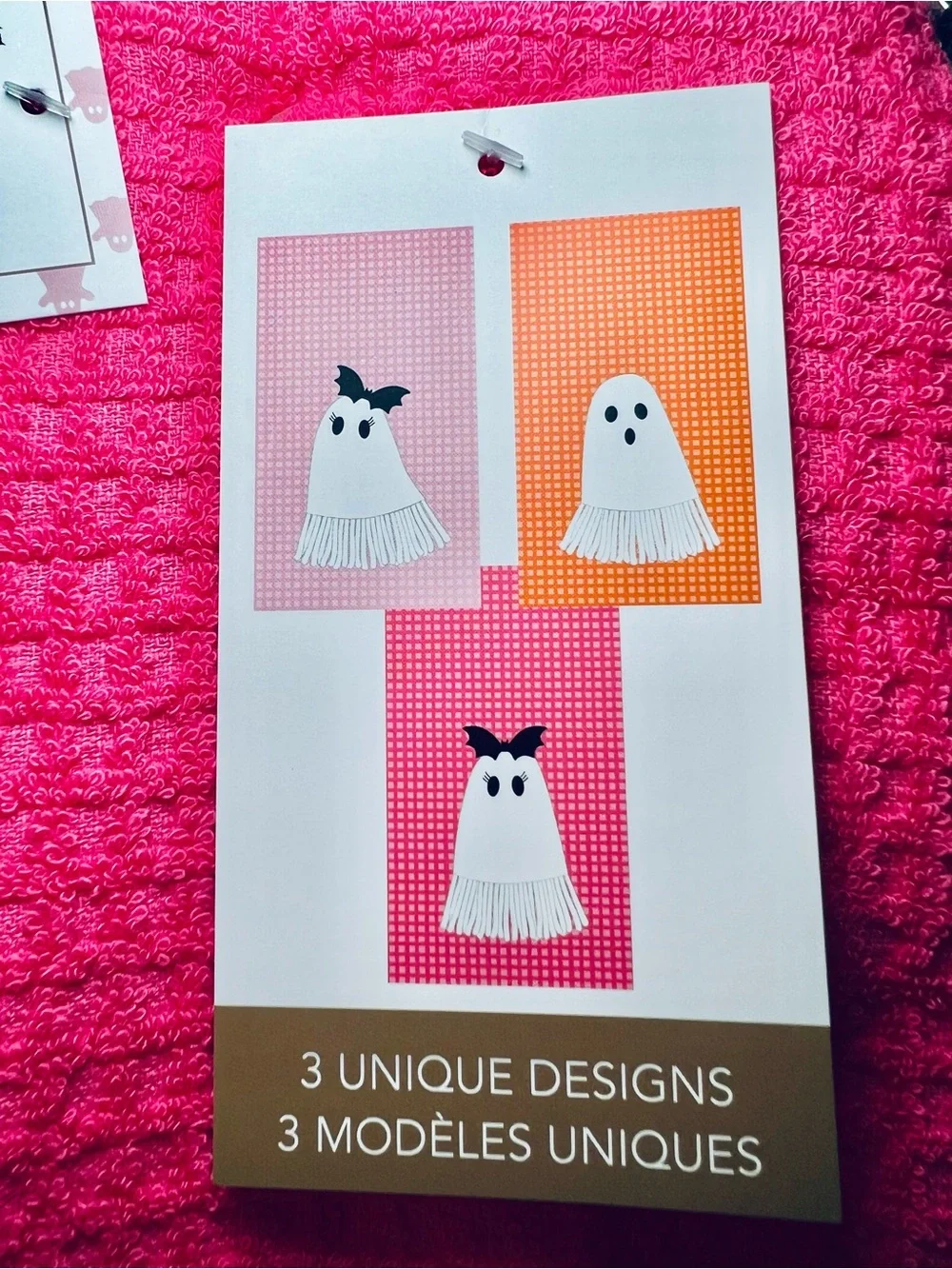 3 Halloween Kitchen Towels Ghost Applique Bright & Light Pink Orange Waffle